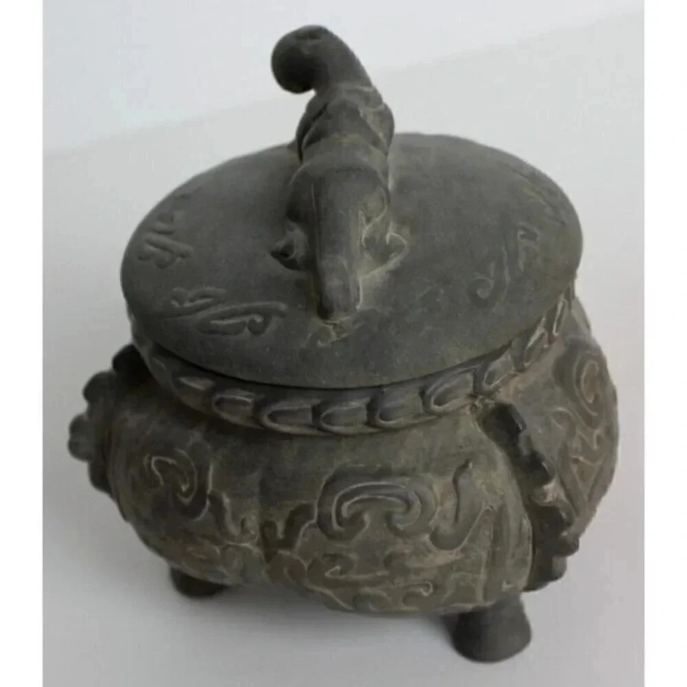 Vintage Cermatic Footed Chinese Pot Jar Wine W/ Lid Vessel Room Decor - Picture 2 of 4